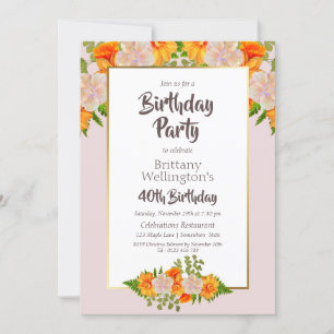 Pink Orange 40th Birthday Party Invitation