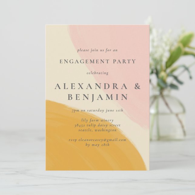 Pink Orange Abstract Watercolor Engagement Party Invitation (Standing Front)