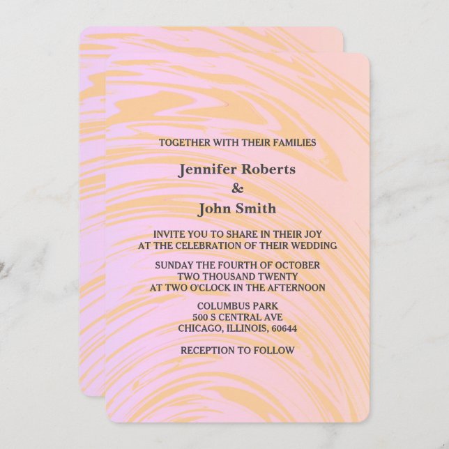 Pink Orange Abstract Waves Art Boho Chic Wedding Invitation (Front/Back)