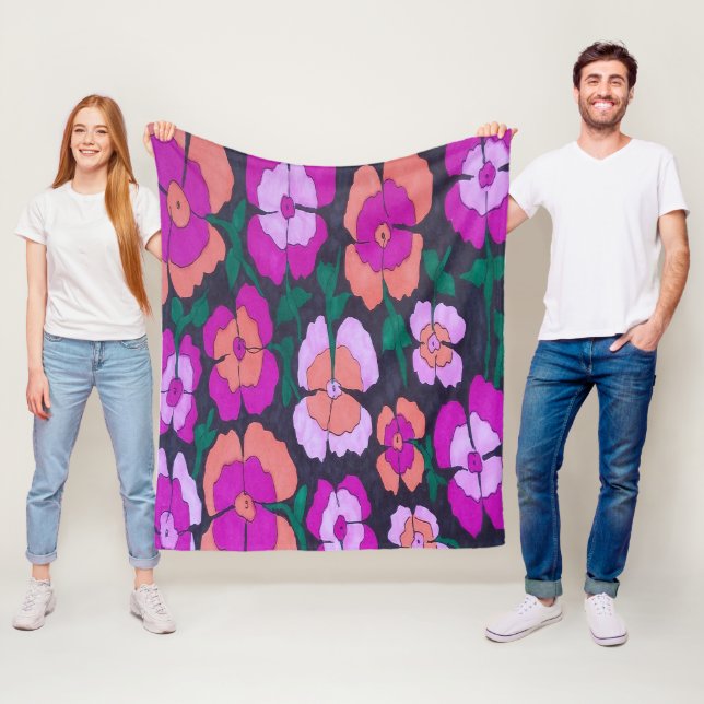 Pink Orange and Black Floral  Fleece Blanket (In Situ)