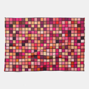 Pink, Orange And Earth Tones Squares Pattern Tea Towel