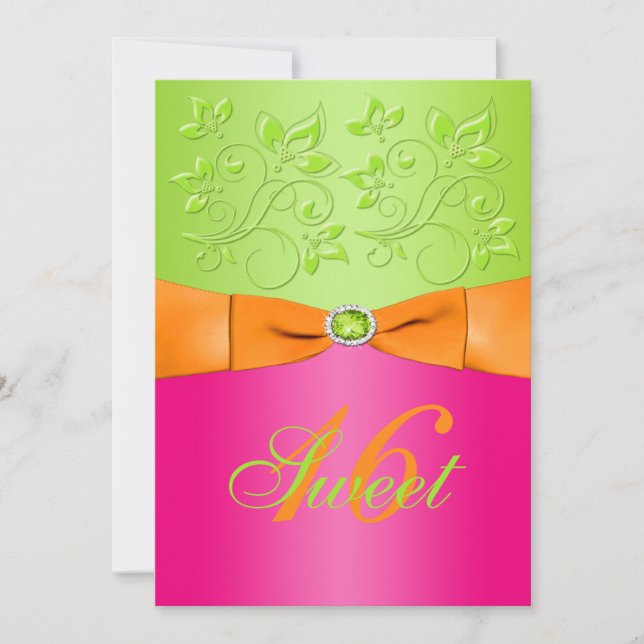 Pink, Orange, and Green Sweet Sixteen Invitation (Front)