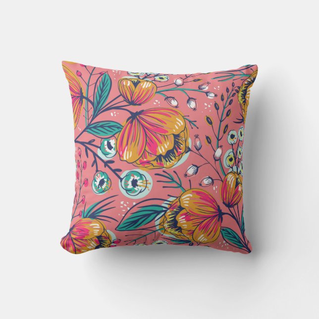 Pink Orange and Turquoise Floral Pattern Cushion (Front)