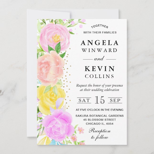 Pink Orange and Yellow Boho Flowers Wedding Invitation (Front)