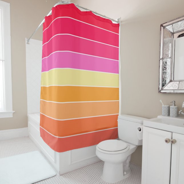 Pink, Orange and Yellow Watercolor Stripes Shower Curtain (In Situ)