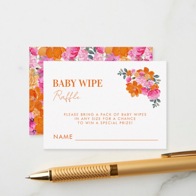 Pink Orange Baby Wipe Raffle Baby Shower Game Enclosure Card (Front/Back In Situ)