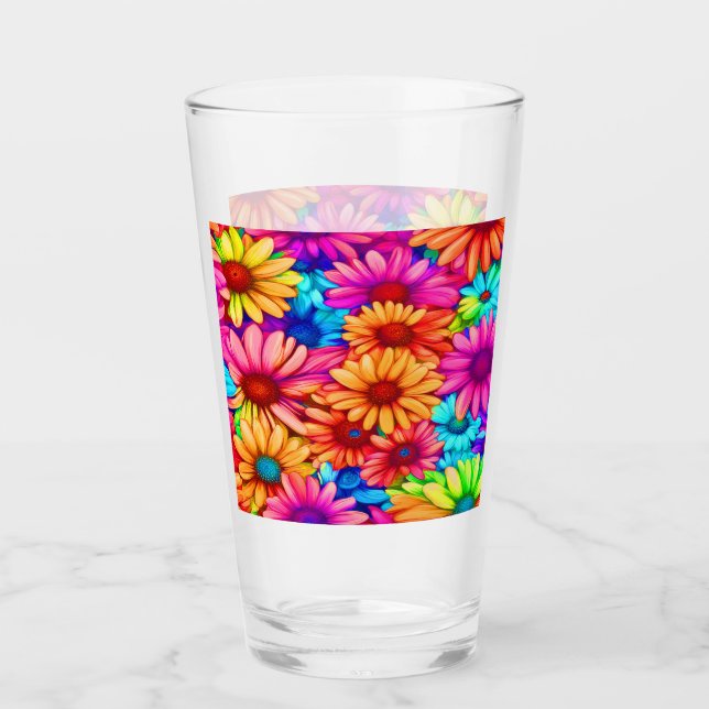 Pink Orange Blue and Green Daisy  Glass (Front)