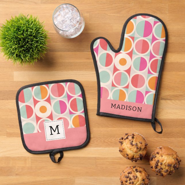 Pink Orange Blue Geometric Pattern Oven Mitt & Pot Holder Set (Top Down)