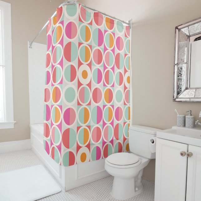 Pink Orange Blue Geometric Pattern Shower Curtain (In Situ)