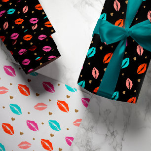 Pink, Orange & Blue Lips & Gold Hearts Valentine Wrapping Paper Sheet