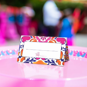 Pink orange blue Mexican talavera tiles wedding Place Card