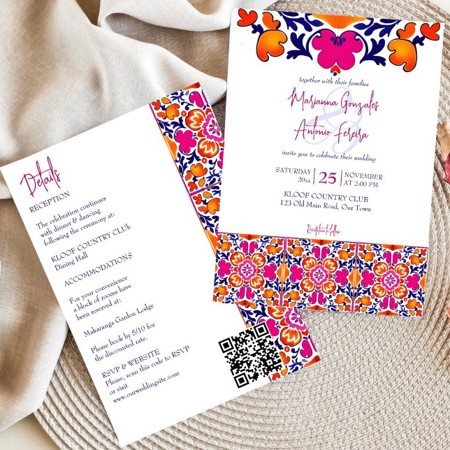 Pink orange blue Mexican tiles all in one wedding Invitation (Pink orange blue Mexican tiles all in one wedding Invitation editable template digital download )