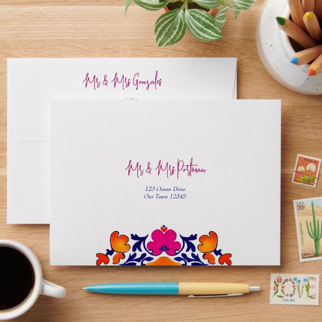 Pink orange blue Mexican wedding return address Envelope (Desk)