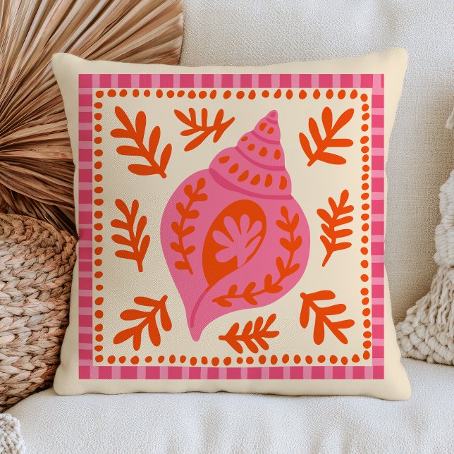 Pink& Orange Botanical Seashell Beach Nautical Cushion (Creator Uploaded)