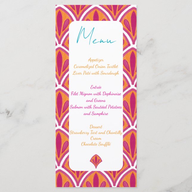 Pink & Orange Bright Colourful Fan Wedding Menu (Front)