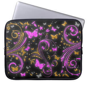 Pink orange butterfly glitter swirl laptop sleeve