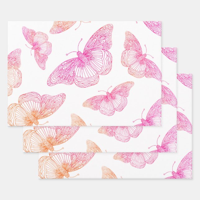 Pink Orange Butterfly Pattern      Wrapping Paper Sheet (Set)