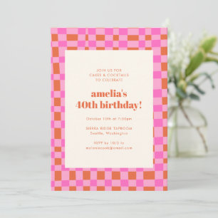 Pink Orange Chequerboard Retro Bold 40th Birthday Invitation