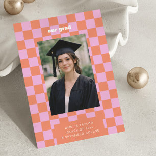 Pink Orange Chequerboard Retro Photo Our Grad 2026 Announcement