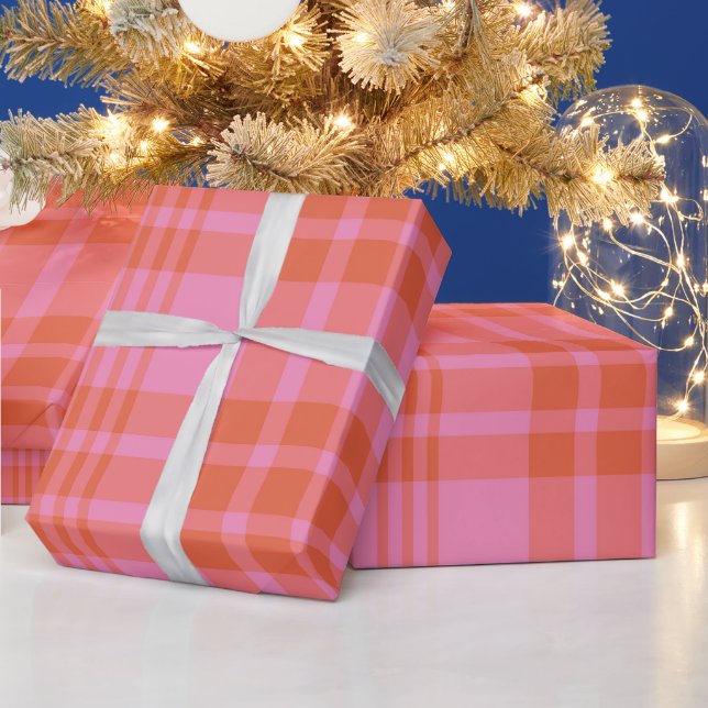Pink Orange Chequered Plaid Gingham  Wrapping Paper (Holidays)