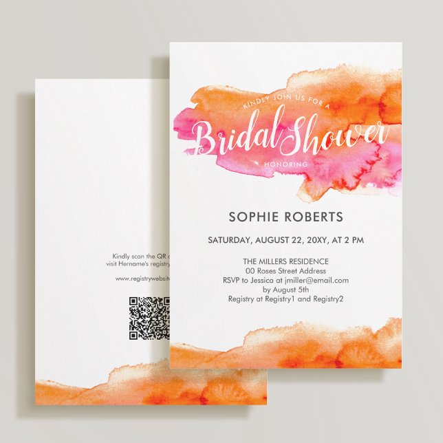 Pink Orange Colour Splash QR Code Bridal Shower Invitation (Creator Uploaded)