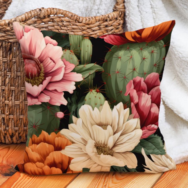 Pink Orange Cream Succulent Floral Cactus Black Cushion (Cactus and pink, cream, and burnt orange floral pillow)