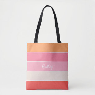 pink orange Custom Summer Colour Block Stripes Tote Bag