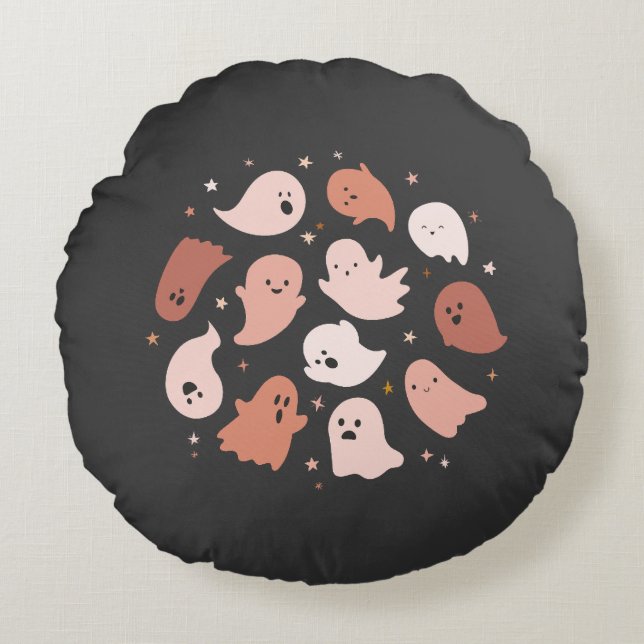 Pink Orange Cute Ghost Halloween Round Cushion (Front)