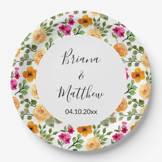 Pink Orange Cute Summer Floral  Paper Plate (Front)