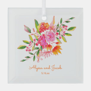 Pink Orange Cute Watercolor Flowers Custom Wedding Glass Tree Decoration