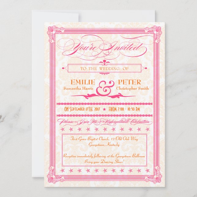 Pink & Orange Damask Poster-Style Wedding Invite (Front)