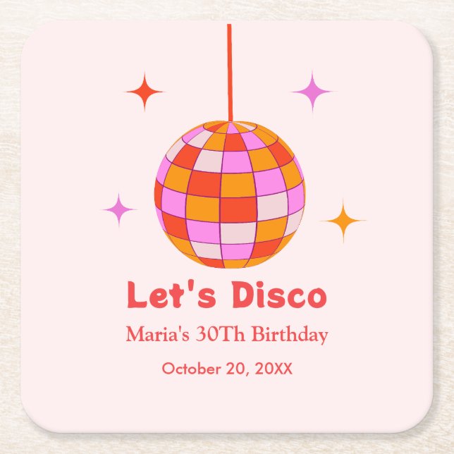 Pink Orange  Disco Ball Let's Disco Birthday Party Square Paper Coaster (Front)
