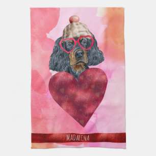 Pink Orange Dog Lover Valentine Gift Gordon Setter Tea Towel