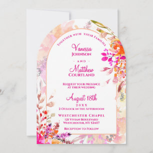 Pink Orange Elegant Floral Arch Shape Wedding Invitation