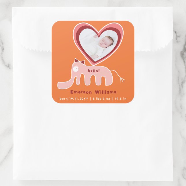 Pink Orange Elephant Baby Girl Birth Announcement Square Sticker (Bag)