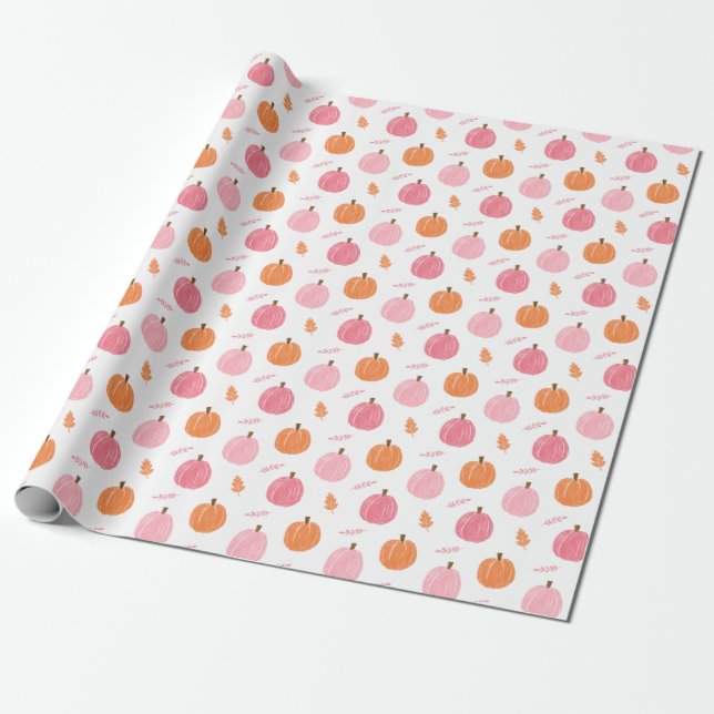 Pink Orange Fall Pumpkin Leaves Pattern Wrapping Paper (Unrolled)