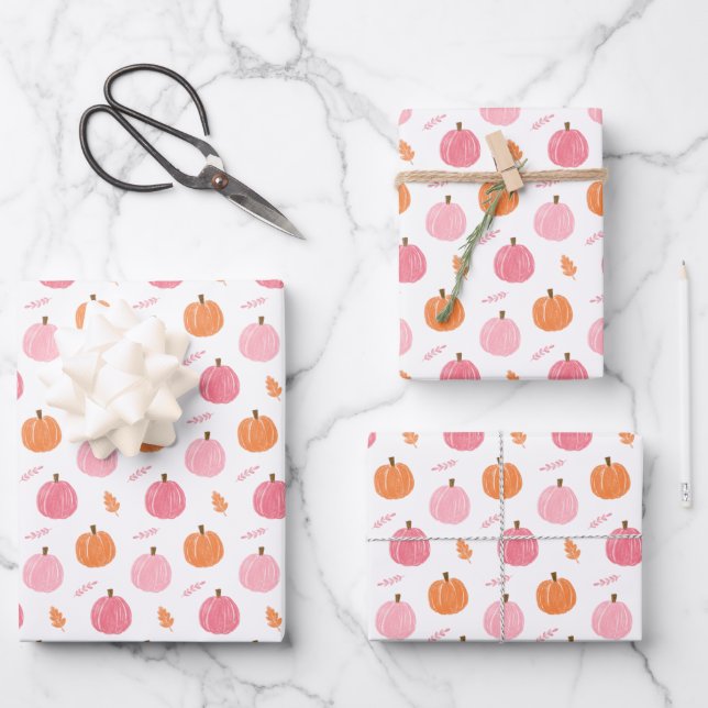 Pink Orange Fall Pumpkin Leaves Pattern Wrapping Paper Sheet (Front)