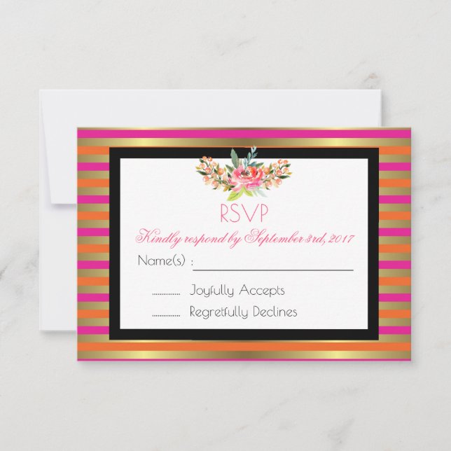Pink, Orange & Faux Metallic Gold Stripes RSVP (Front)
