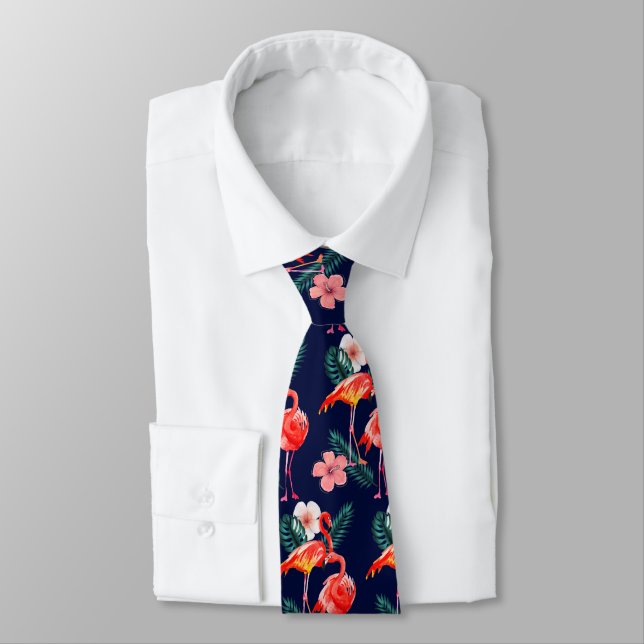Pink Orange Flamingo Pattern on Navy Blue Tie (Tied)