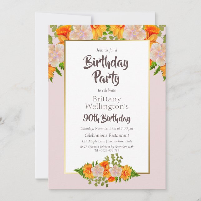 Pink Orange Floral 90th Birthday Party Invitation (Front)