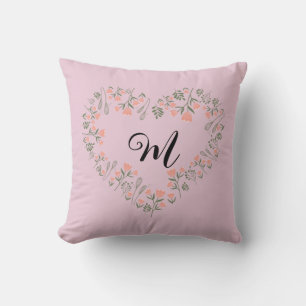 Pink Orange Floral and Greenery Heart Monogram     Cushion