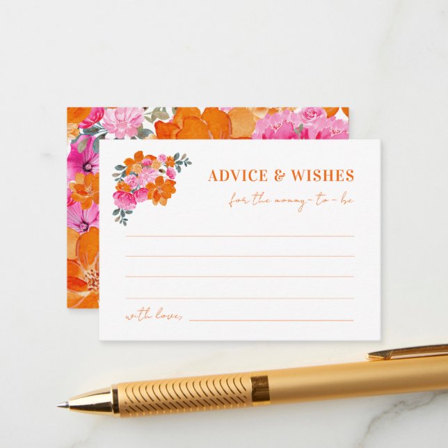 Pink Orange Floral Baby Shower Advice and Wishes Enclosure Card (Front/Back In Situ)
