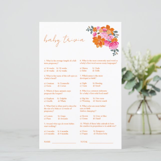 Pink Orange Floral Baby Trivia Baby Shower Game (Standing Front)