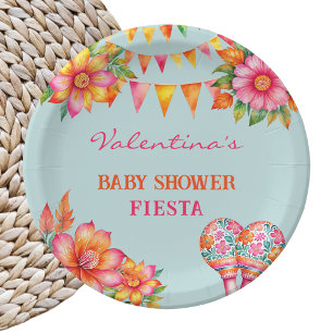 Pink Orange Floral Blue Fiesta Baby Shower Paper Plate