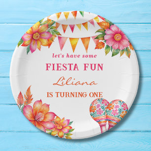 Pink Orange Floral Colourful Fiesta 1st Birthday Paper Plate
