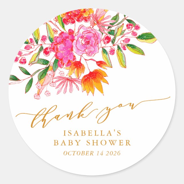 Pink Orange Floral Custom Baby Shower Thank You Classic Round Sticker (Front)
