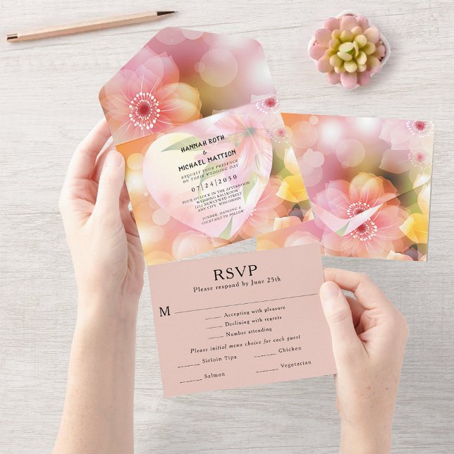 Pink Orange Floral Elegant Romantic Glow Wedding All In One Invitation (Pink Orange Floral Elegant Romantic Glow Wedding All In One Invitation)