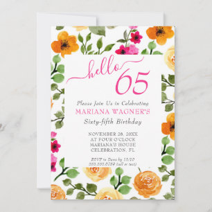 Pink Orange Floral Elegant Script 65th Birthday Invitation
