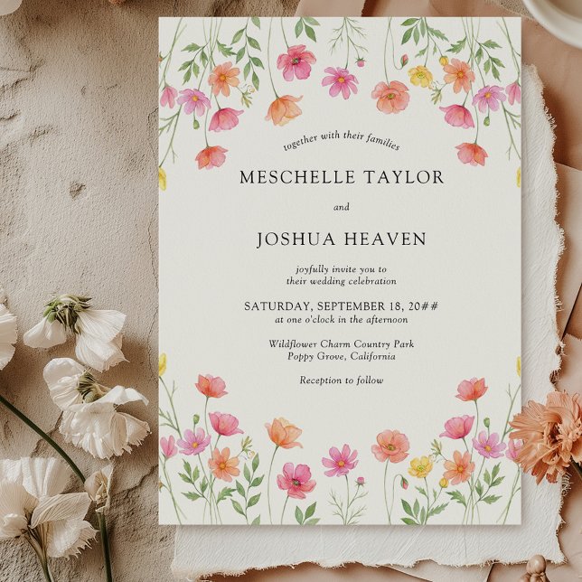 Pink Orange Floral Formal Wedding Invitation (Pink Orange Floral Wedding Invitation from Wildflower Bloom collection by Darling & May)