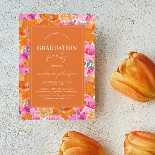 Pink Orange Floral Garden Modern Graduation Party Invitation
